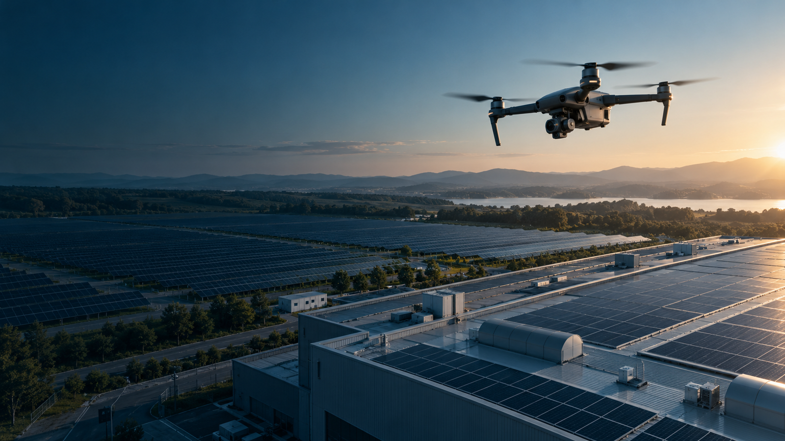 Drone profissional sobre uma operação com painéis solares