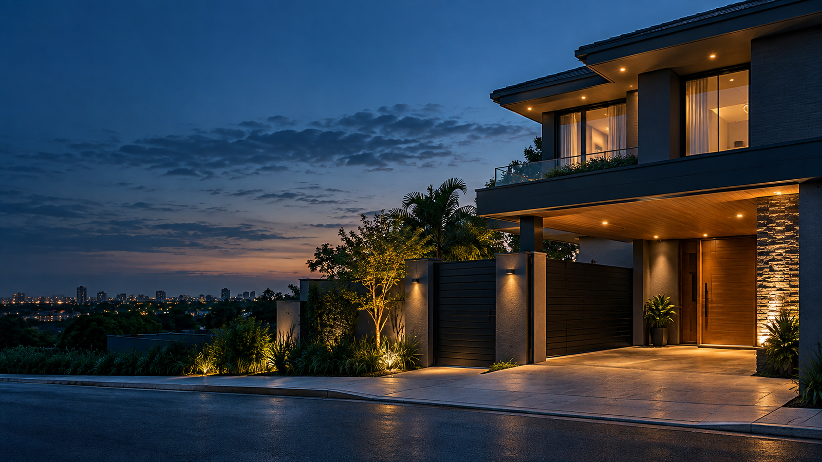 Casa contemporânea iluminada ao anoitecer